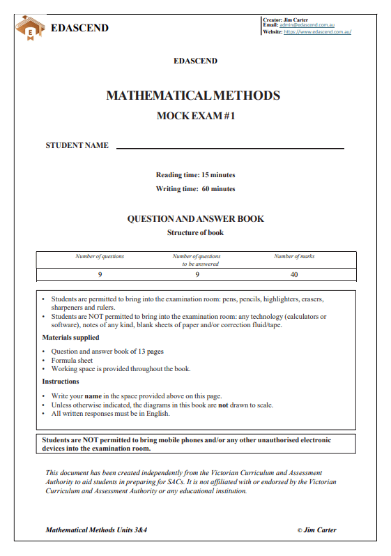 Math Methods Exam 1 questions and solutions cover