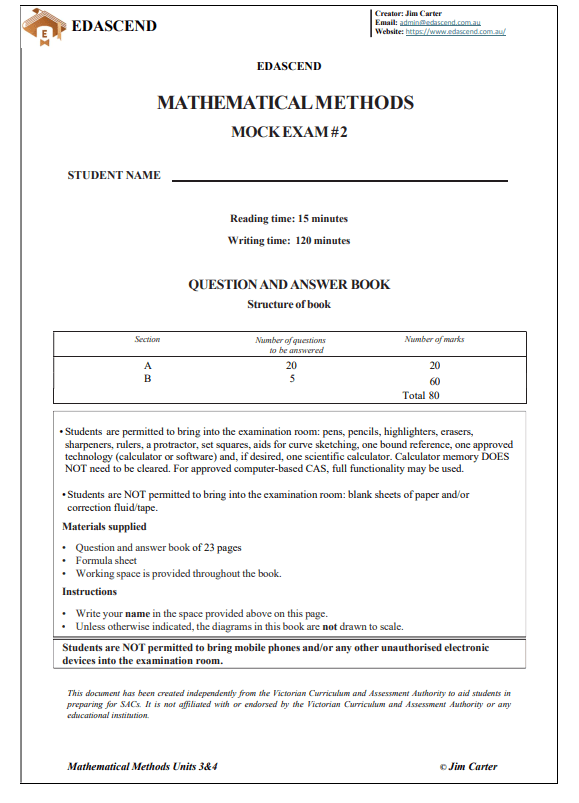 Math Methods Exam 2 questions and solutions cover